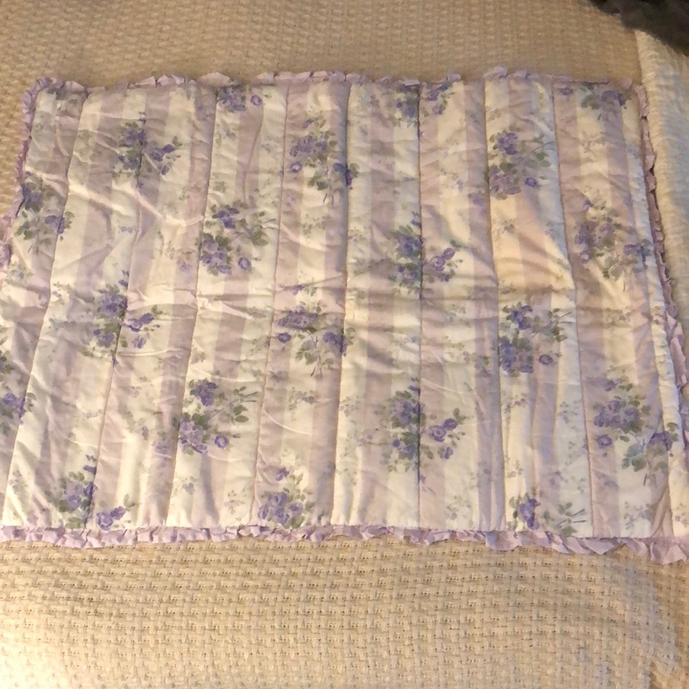Pillow sham cotton quilted lavender white floral and stripe ruffle trim French